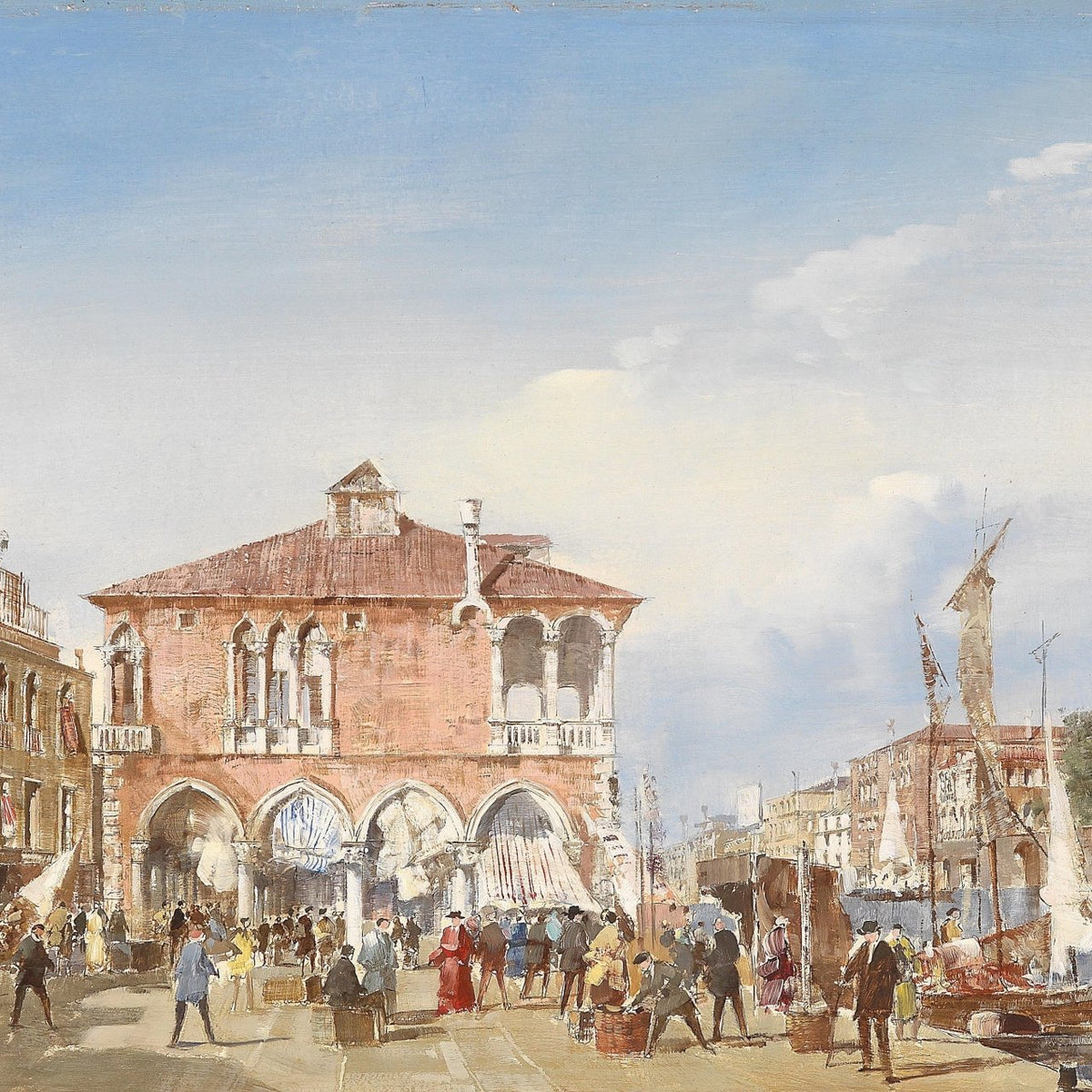 Venetian Market Square by the Canal, Figures – Landscape Oil Painting - Oil Painting Haven