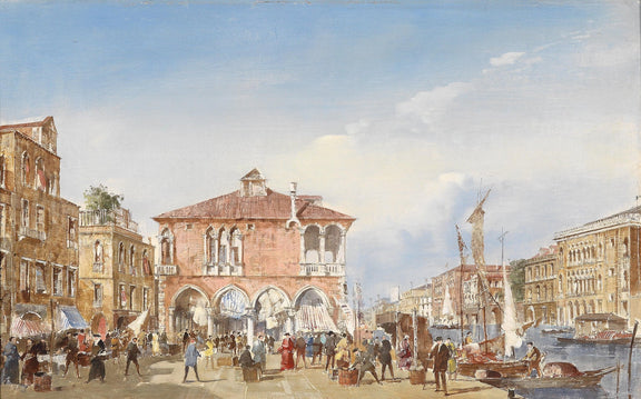 Venetian Market Square by the Canal, Figures – Landscape Oil Painting - Oil Painting Haven