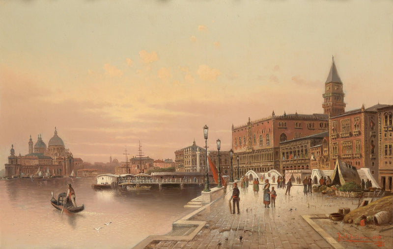 Venetian Waterfront, Sunset, Gondolas – Landscape Oil Painting - Oil Painting Haven