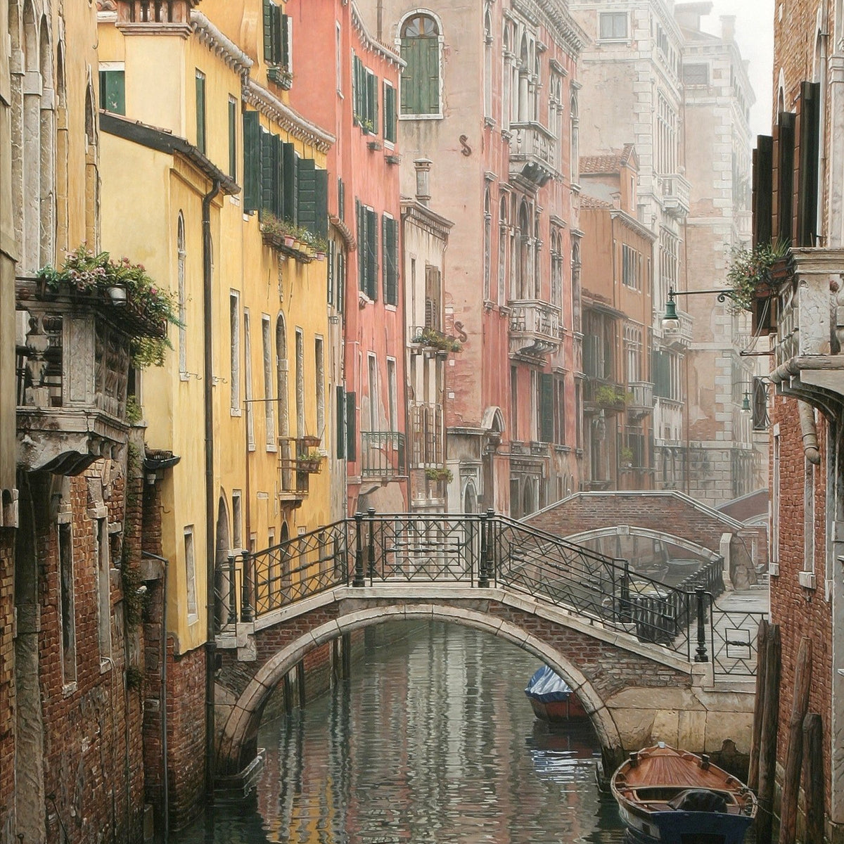 Venice Canal with Bridge and Colorful Houses - Landscape Oil Painting - Oil Painting Haven