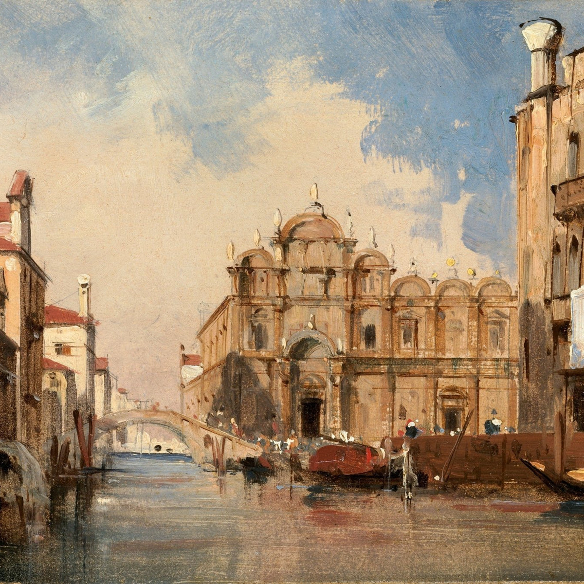Hand-painted venice canal with church and bridge landscape oil painting on canvas