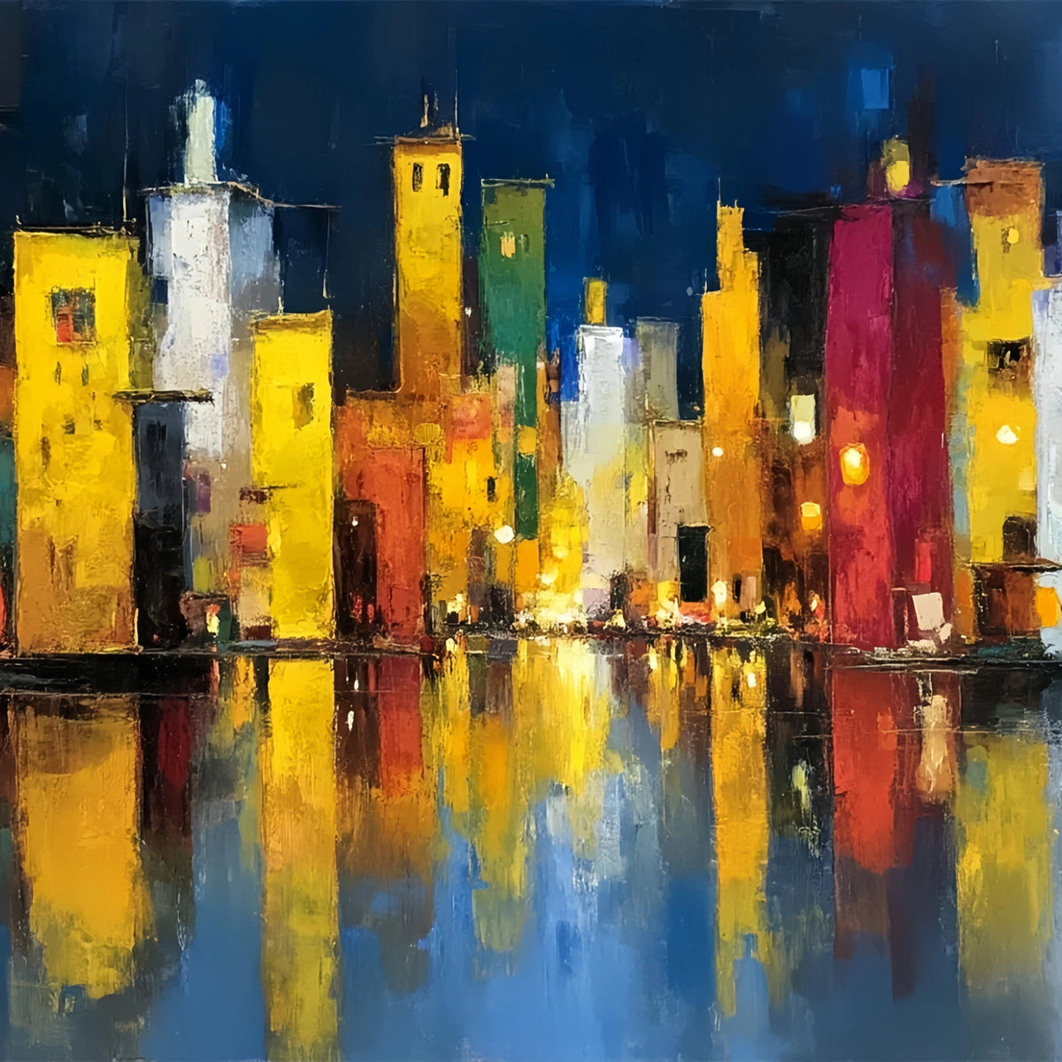 Vibrant Cityscape Reflection Original Oil Painting For Sale - Oil Painting Haven