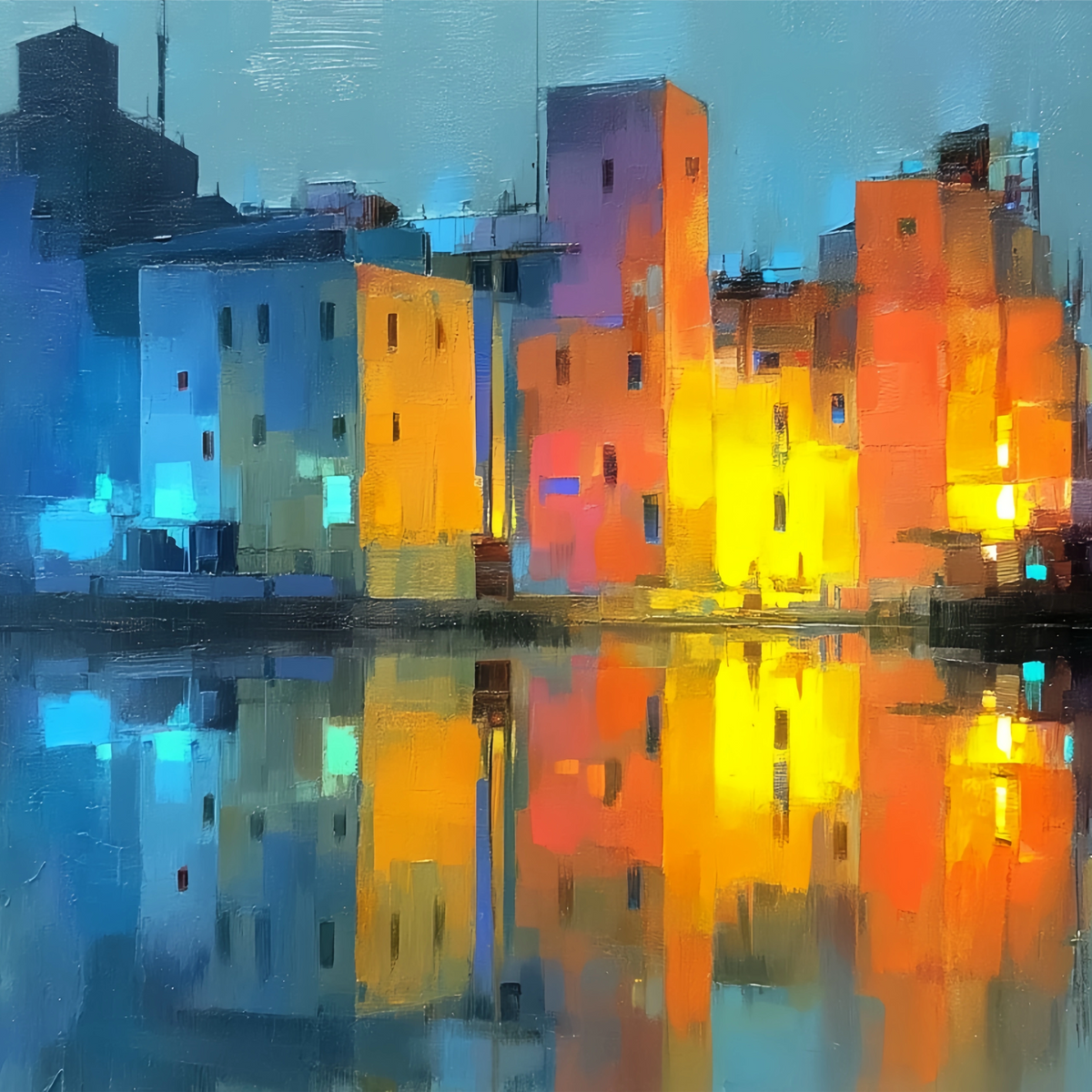 Vibrant Cityscape Reflection Original Oil Painting For Sale | Urban Art - Oil Painting Haven