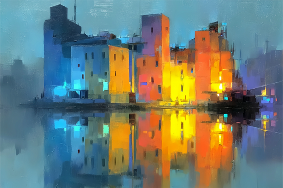Vibrant Cityscape Reflection Original Oil Painting For Sale | Urban Art - Oil Painting Haven