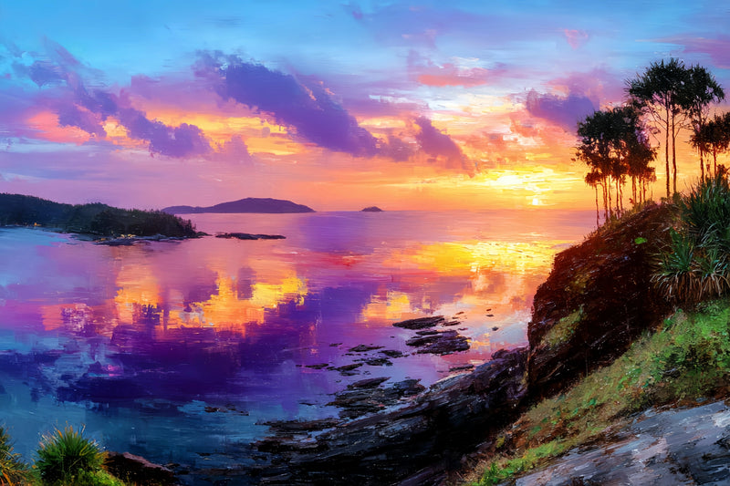 Vibrant Coastal Sunset Original Oil Painting For Sale | Seascape - Oil Painting Haven