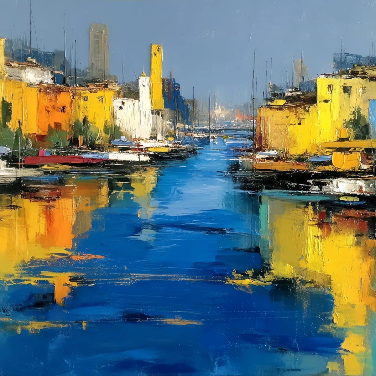 Vibrant Harbor Cityscape Original Oil Painting For Sale - Oil Painting Haven