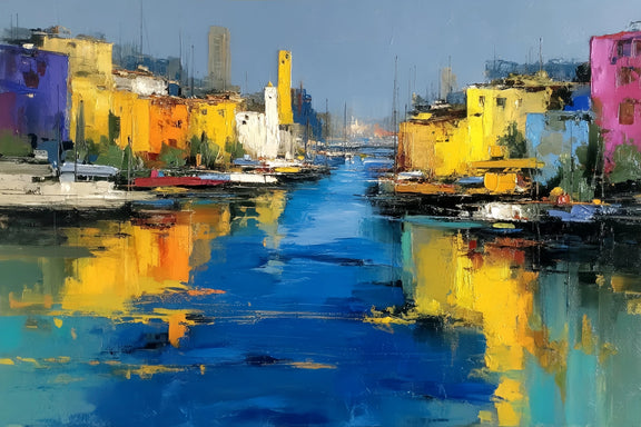 Vibrant Harbor Cityscape Original Oil Painting For Sale - Oil Painting Haven