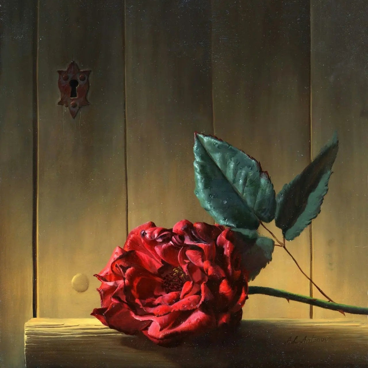 Vibrant Red Rose on Wooden Surface – Dramatic Light Oil Painting - Oil Painting Haven