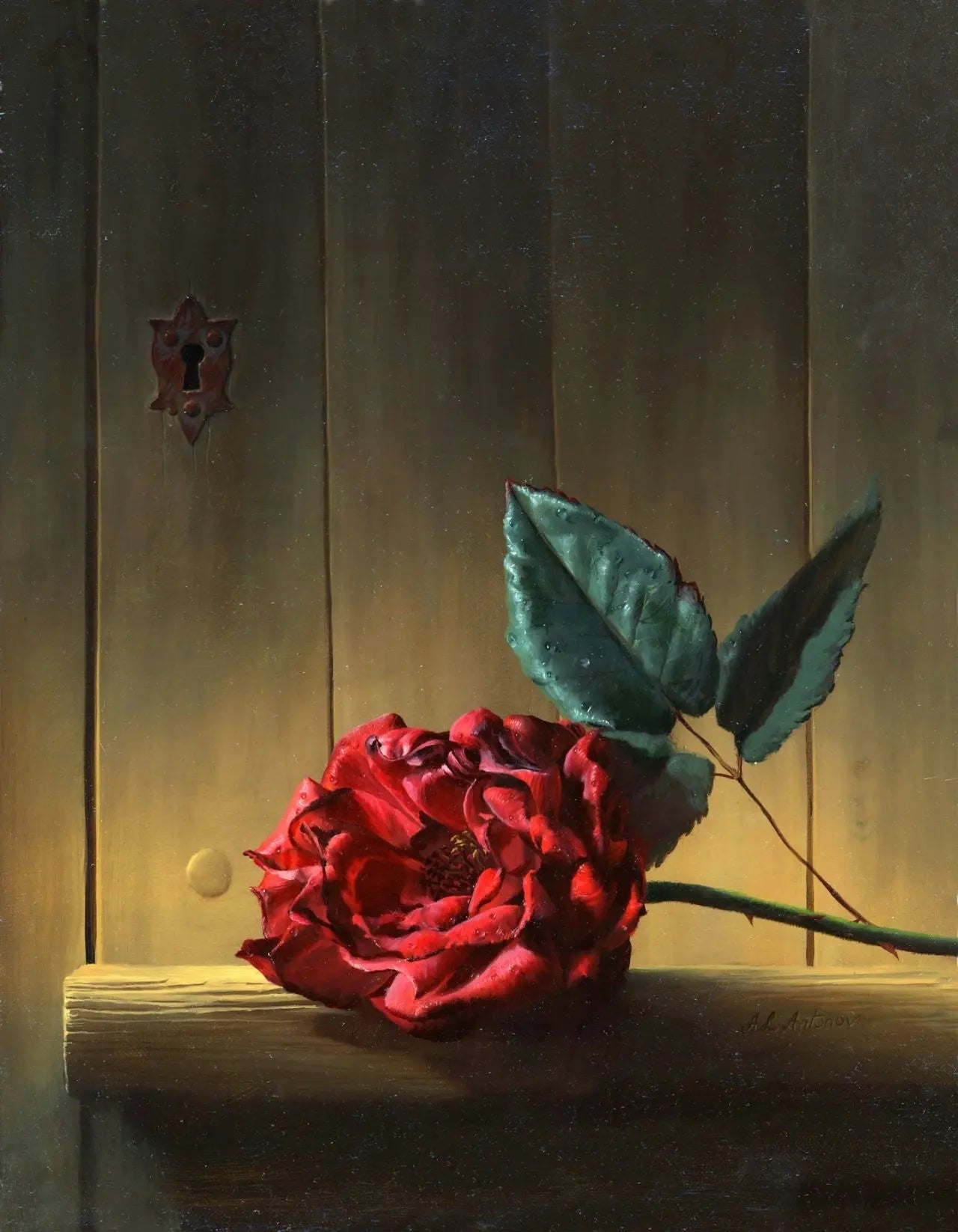 Vibrant Red Rose on Wooden Surface – Dramatic Light Oil Painting - Oil Painting Haven