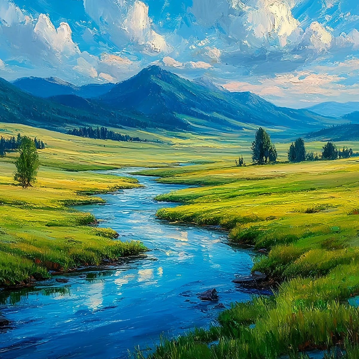 Vibrant River Valley Mountain Original Oil Painting For Sale - Oil Painting Haven
