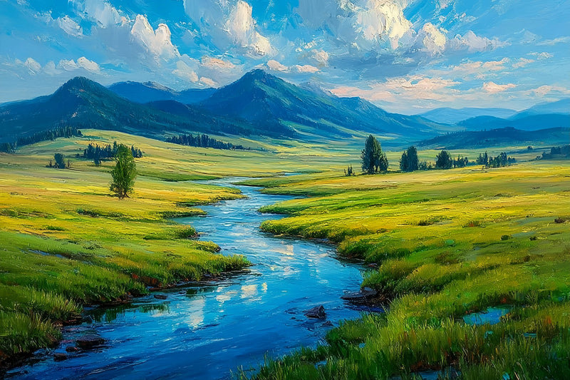 Vibrant River Valley Mountain Original Oil Painting For Sale - Oil Painting Haven