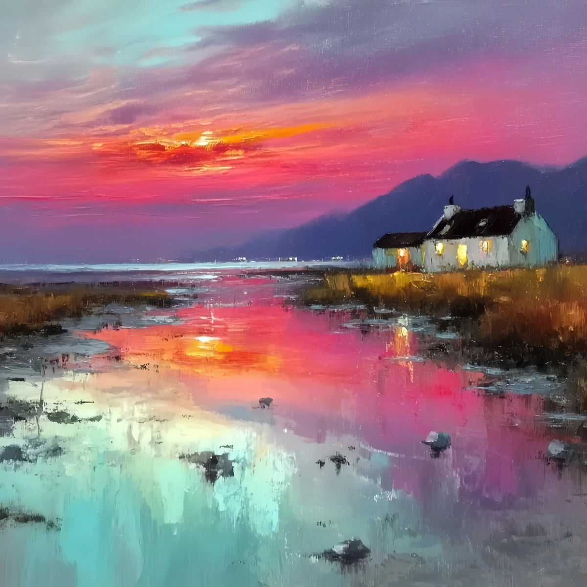 Vibrant Sunset Cottage River Original Oil Painting For Sale - Oil Painting Haven