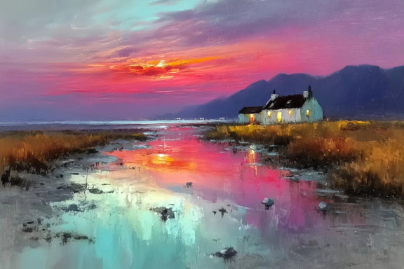 Vibrant Sunset Cottage River Original Oil Painting For Sale - Oil Painting Haven