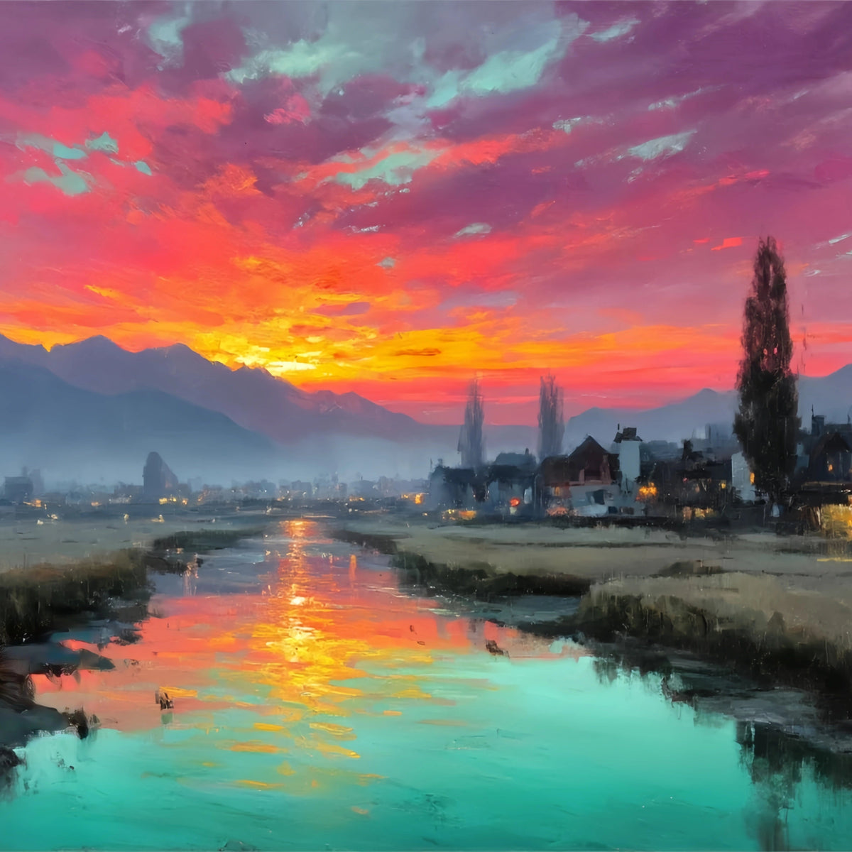 Vibrant Sunset River Village Original Oil Painting For Sale - Oil Painting Haven
