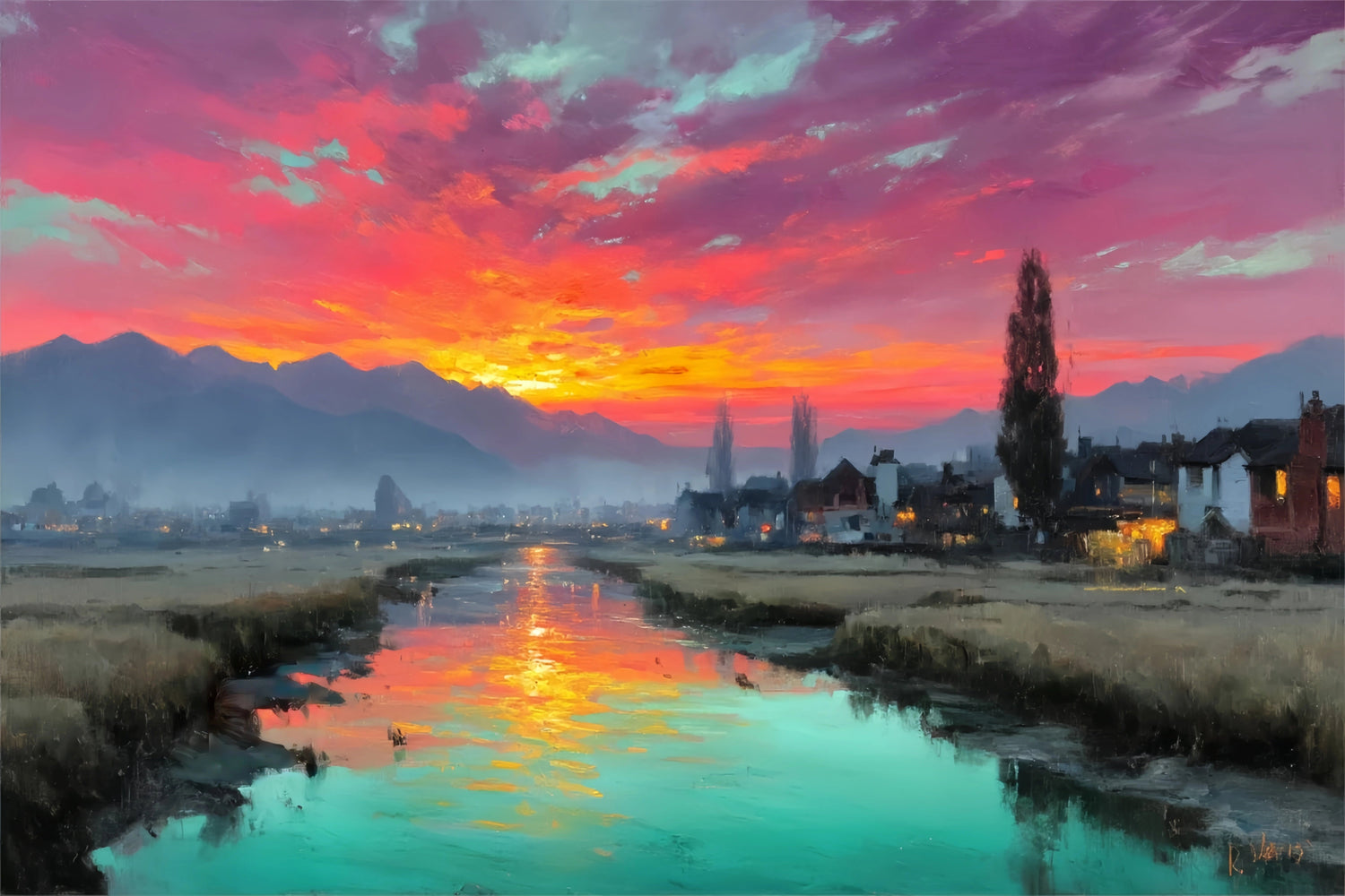 Vibrant Sunset River Village Original Oil Painting For Sale - Oil Painting Haven