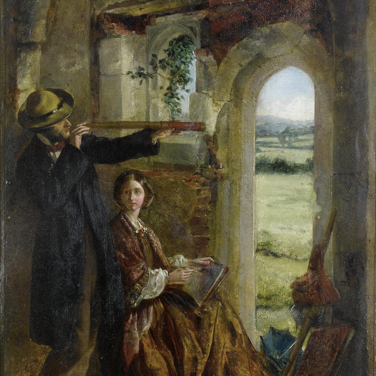 Victorian Couple Sketching in Ruined Archway - People Oil Painting - Oil Painting Haven