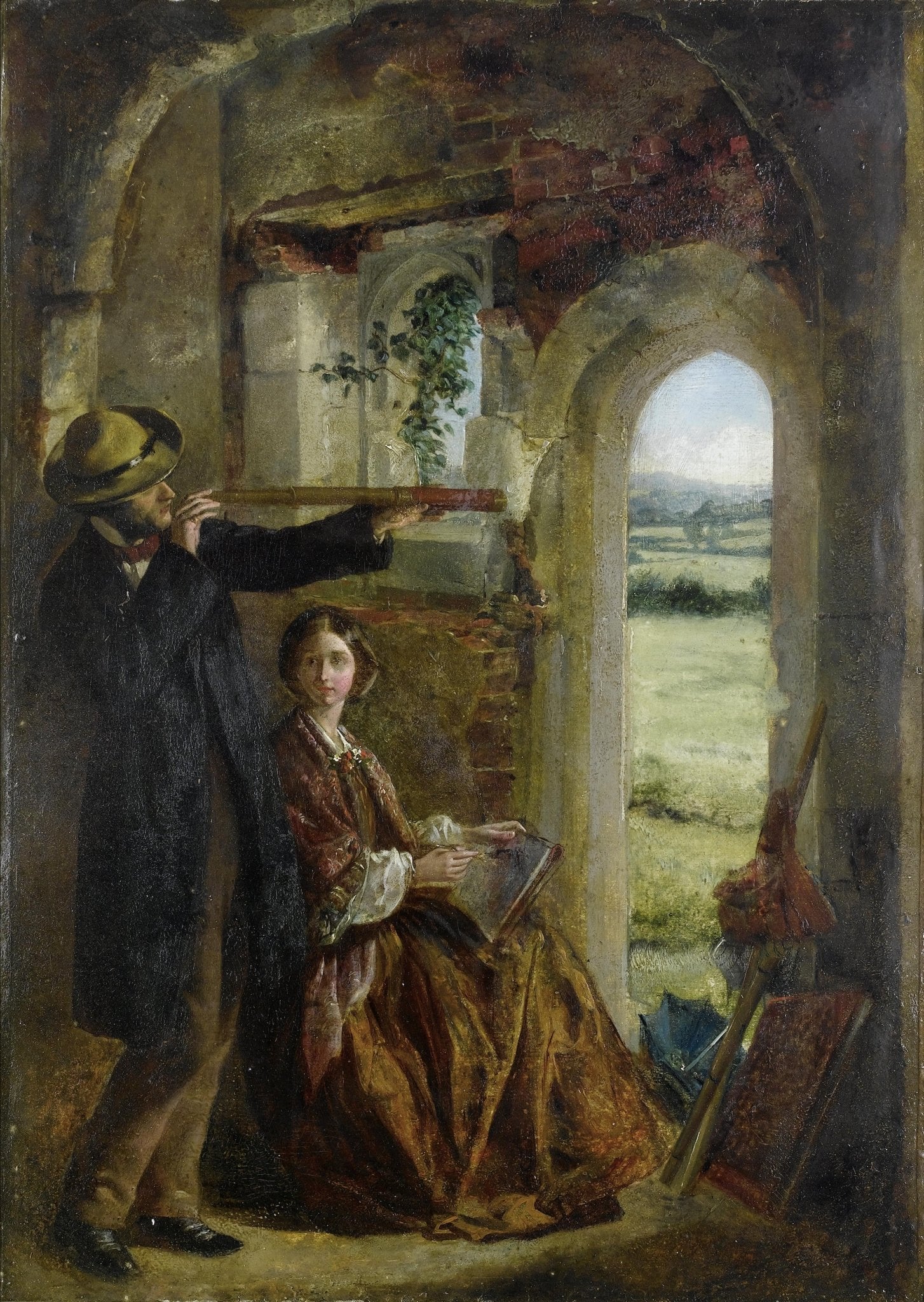 Victorian Couple Sketching in Ruined Archway - People Oil Painting - Oil Painting Haven