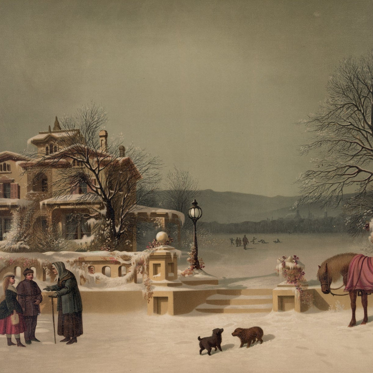 Victorian Winter Courtyard with Family Scene - People Oil Painting - Oil Painting Haven