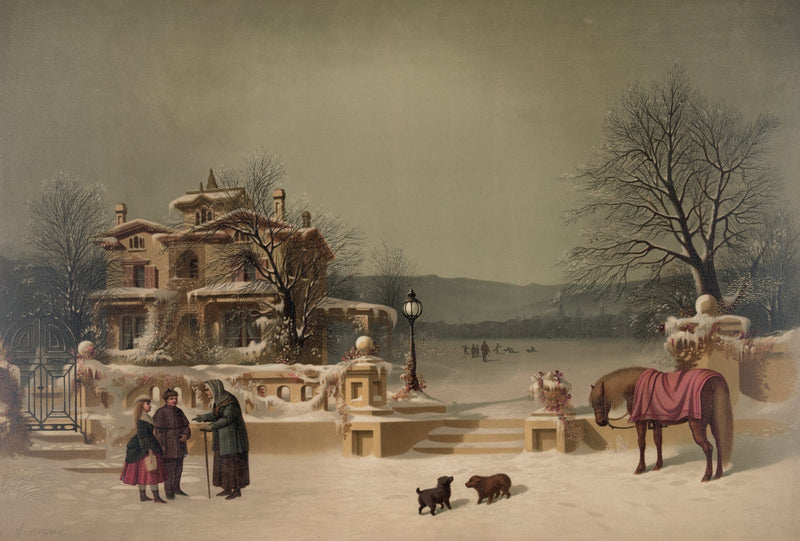 Victorian Winter Courtyard with Family Scene - People Oil Painting - Oil Painting Haven