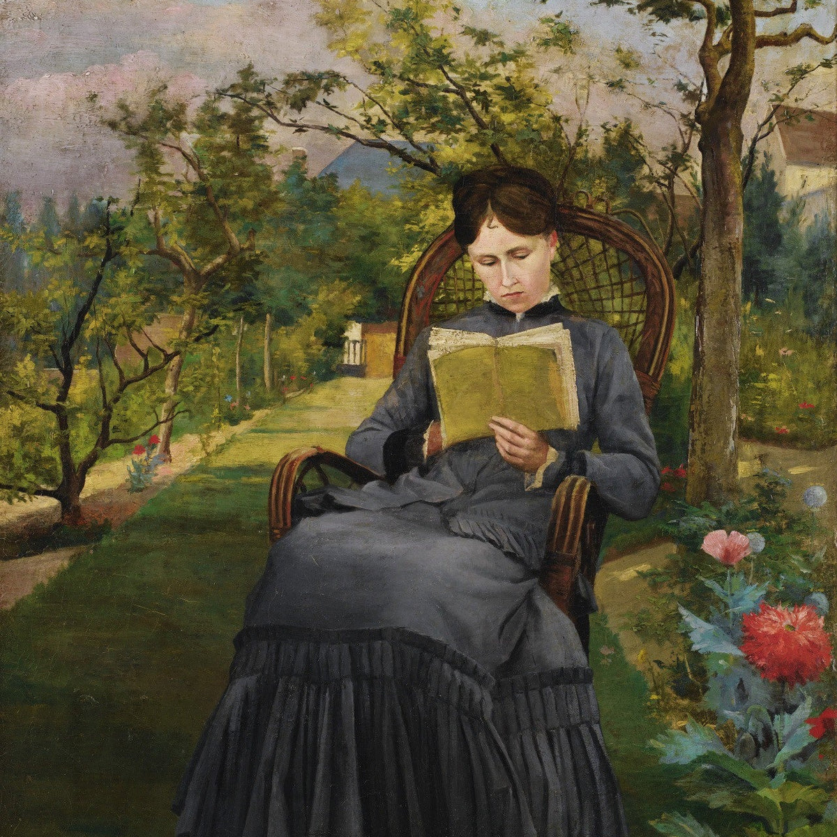 Victorian Woman Reading in Garden Chair - People Oil Painting - Oil Painting Haven