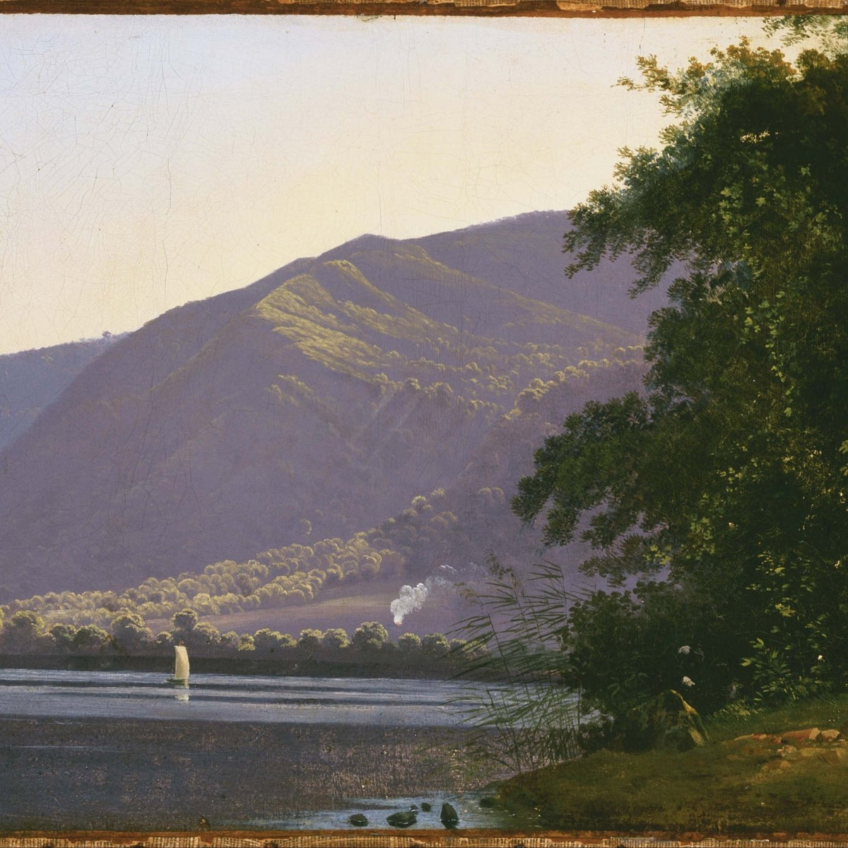 Hand-painted view of lake nemi and mountain shore landscape oil painting on canvas