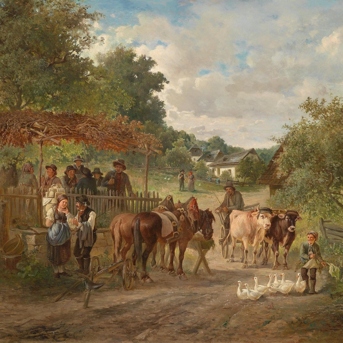 Village Farmers with Horse Cart and Geese - People Oil Painting - Oil Painting Haven