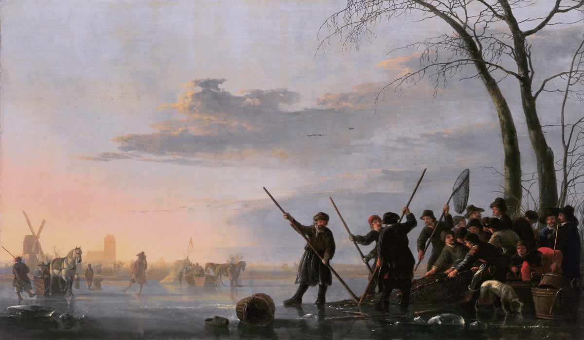 Villagers Ice Fishing at Winter Sunrise - People Oil Painting - Oil Painting Haven
