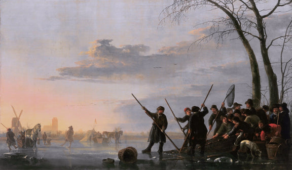 Villagers Ice Fishing at Winter Sunrise - People Oil Painting - Oil Painting Haven