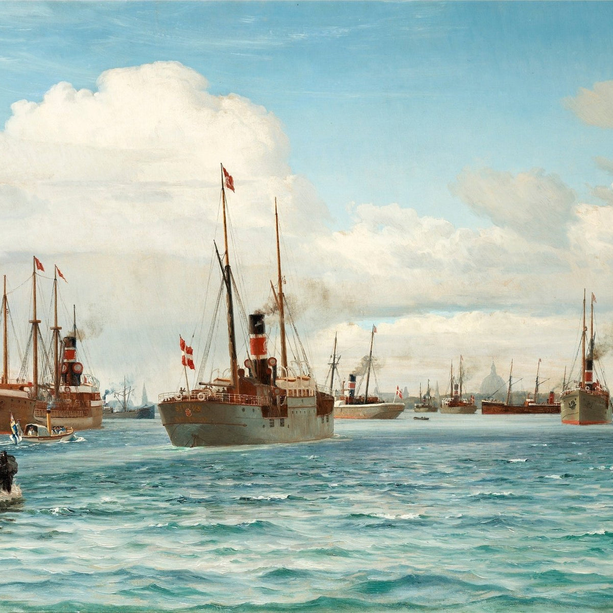 Hand-painted vintage steamships in busy harbor nautical oil painting on canvas