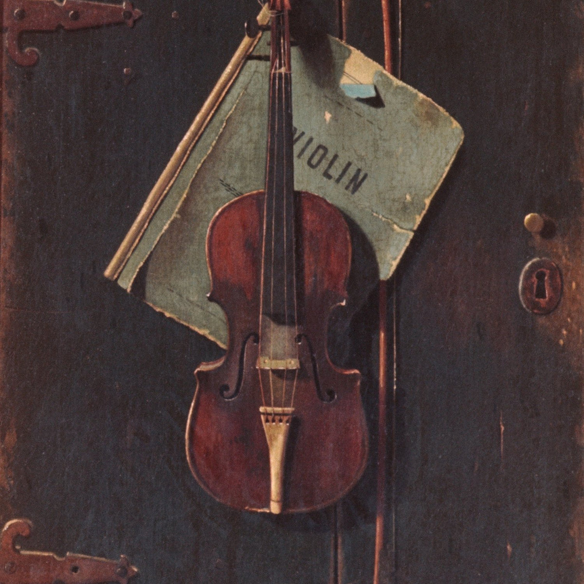 Violin and Sheet Music on Wooden Door - Still Life Oil Painting - Oil Painting Haven