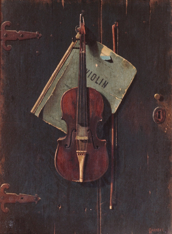 Violin and Sheet Music on Wooden Door - Still Life Oil Painting - Oil Painting Haven