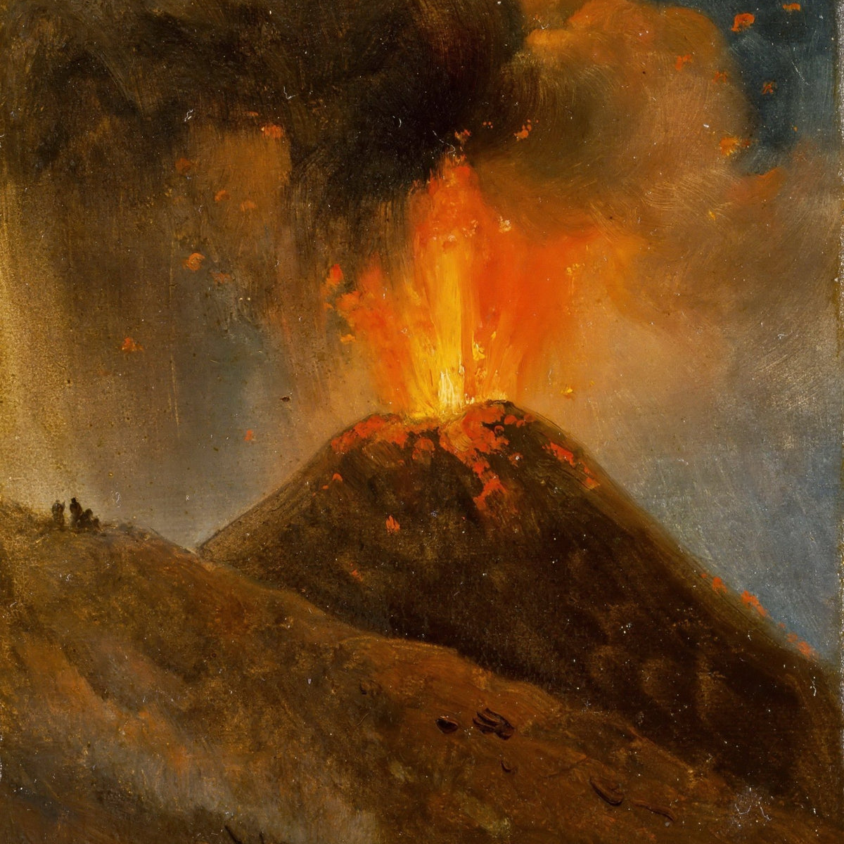 Hand-painted volcanic eruption at night with lava and smoke landscape oil painting on canvas