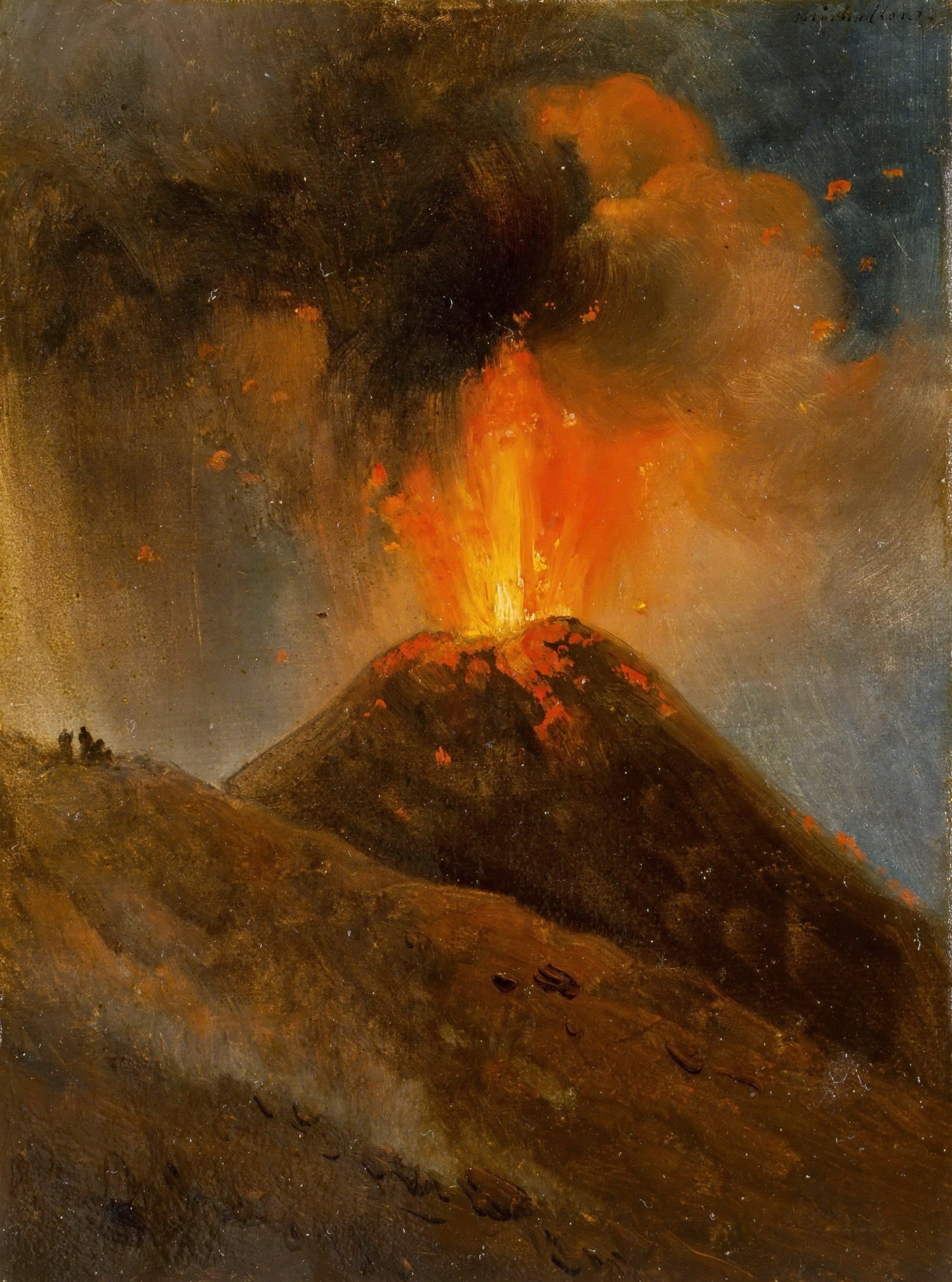 Hand-painted volcanic eruption at night with lava and smoke landscape oil painting on canvas