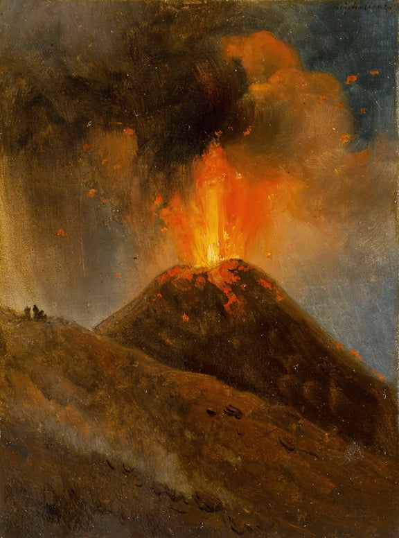 Hand-painted volcanic eruption at night with lava and smoke landscape oil painting on canvas
