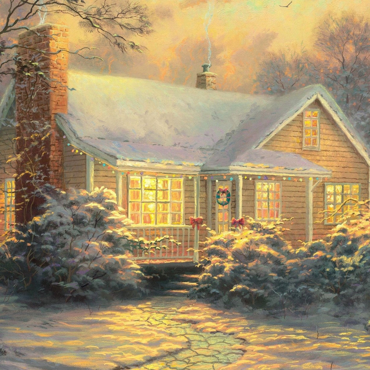 Warm Winter Cottage, Snow, Lights – Hand - Painted Landscape Oil Painting - Oil Painting Haven