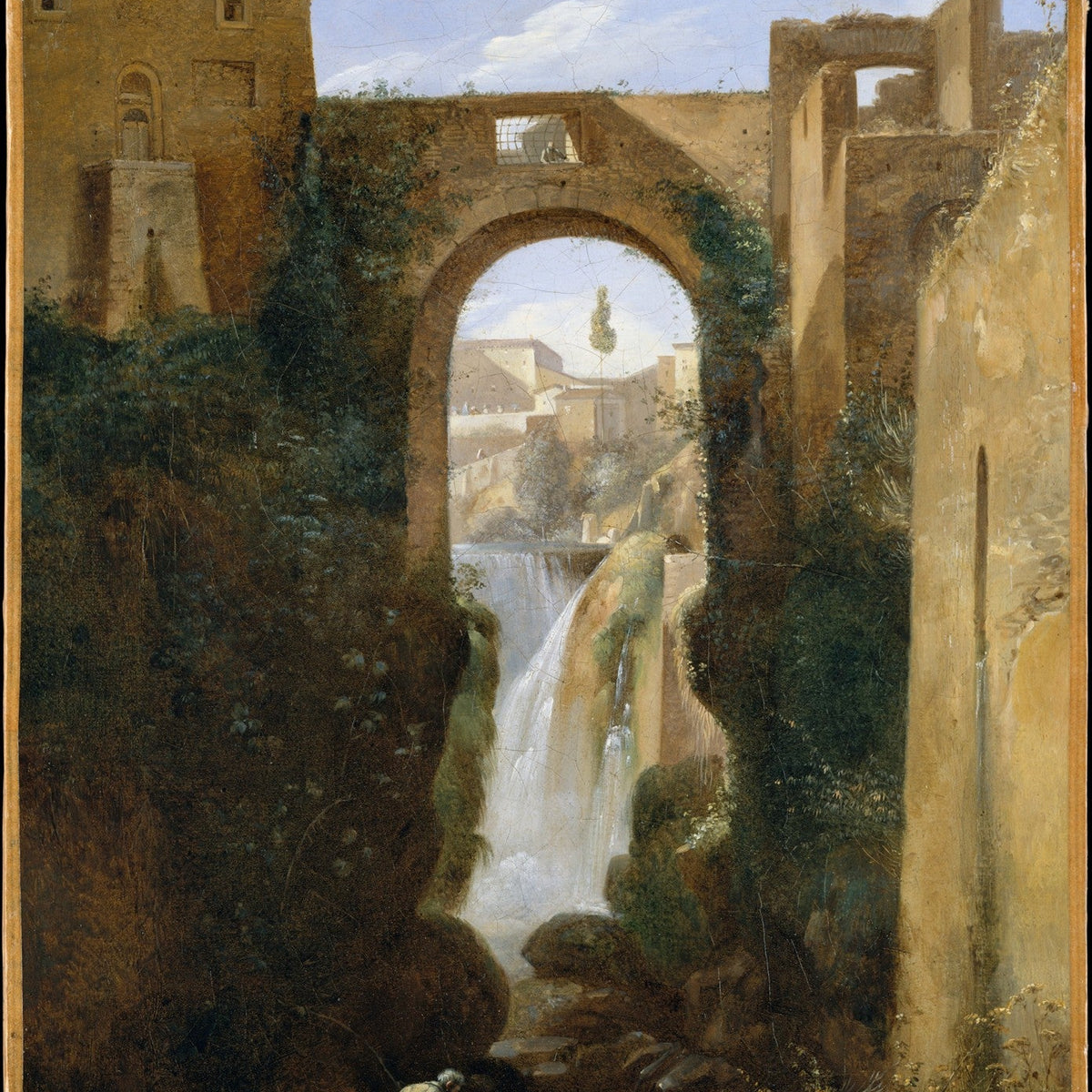 Waterfall Beneath the Ancient Stone Bridge - Landscape Oil Painting - Oil Painting Haven