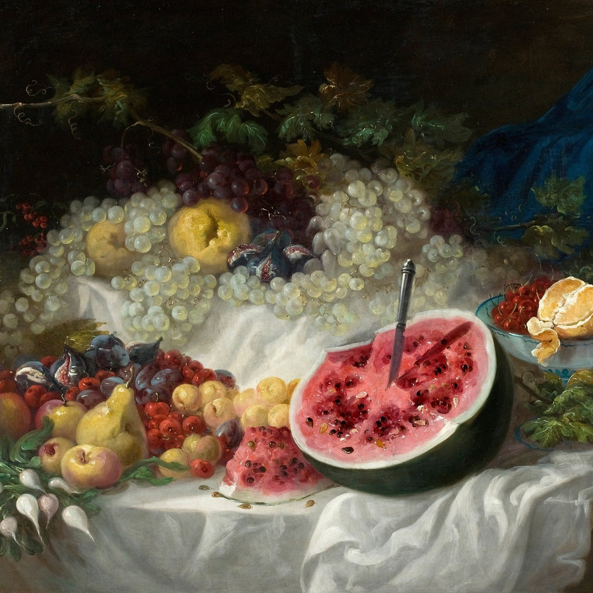 Watermelon and Grapes on Linen - Still Life Oil Painting - Oil Painting Haven