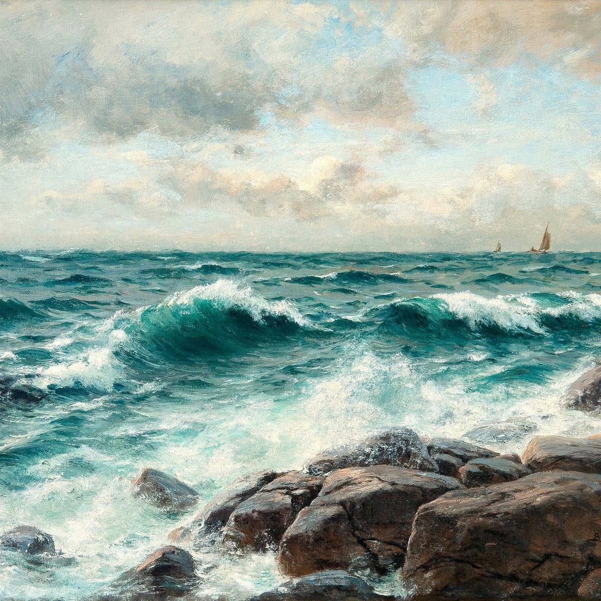 Waves Crashing on Rocky Coast, Distant Sails – Landscape Oil Painting - Oil Painting Haven