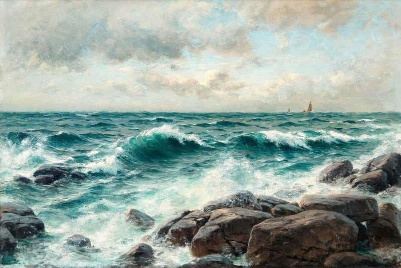 Waves Crashing on Rocky Coast, Distant Sails – Landscape Oil Painting - Oil Painting Haven