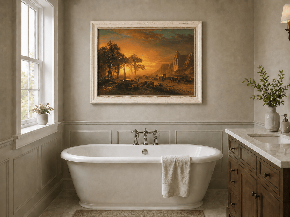 Framed hand-painted western landscape oil painting with travelers journeying at sunset displayed above a freestanding bathtub.