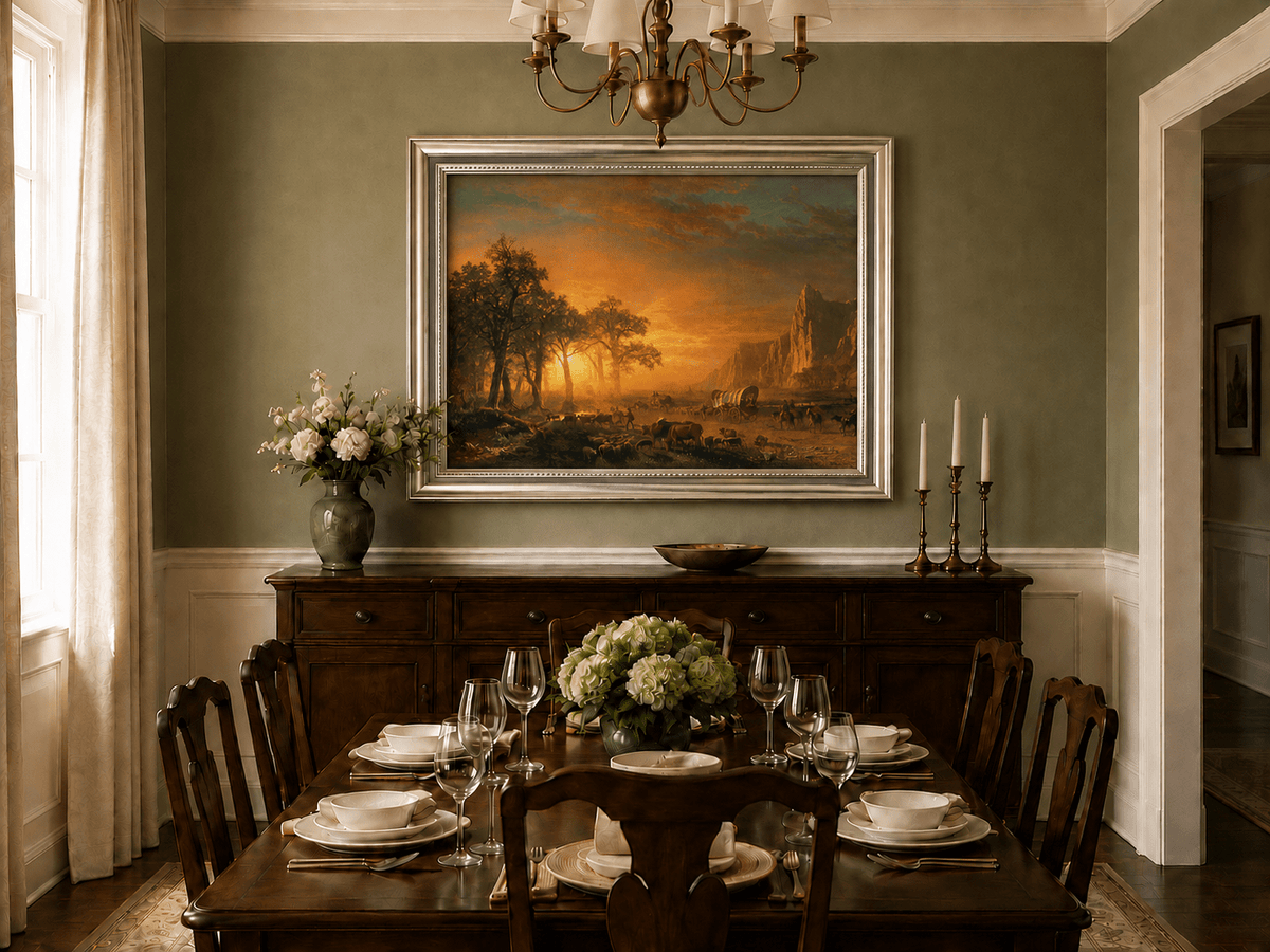 Framed hand-painted western landscape oil painting with travelers journeying at sunset displayed above a formal dining table.