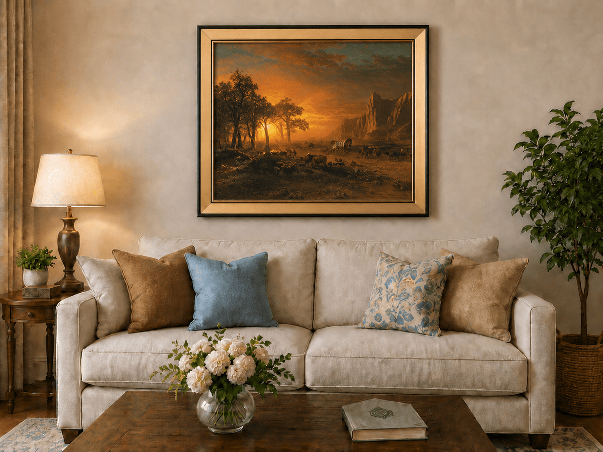 Framed hand-painted western landscape oil painting with travelers journeying at sunset displayed above a neutral living room sofa.