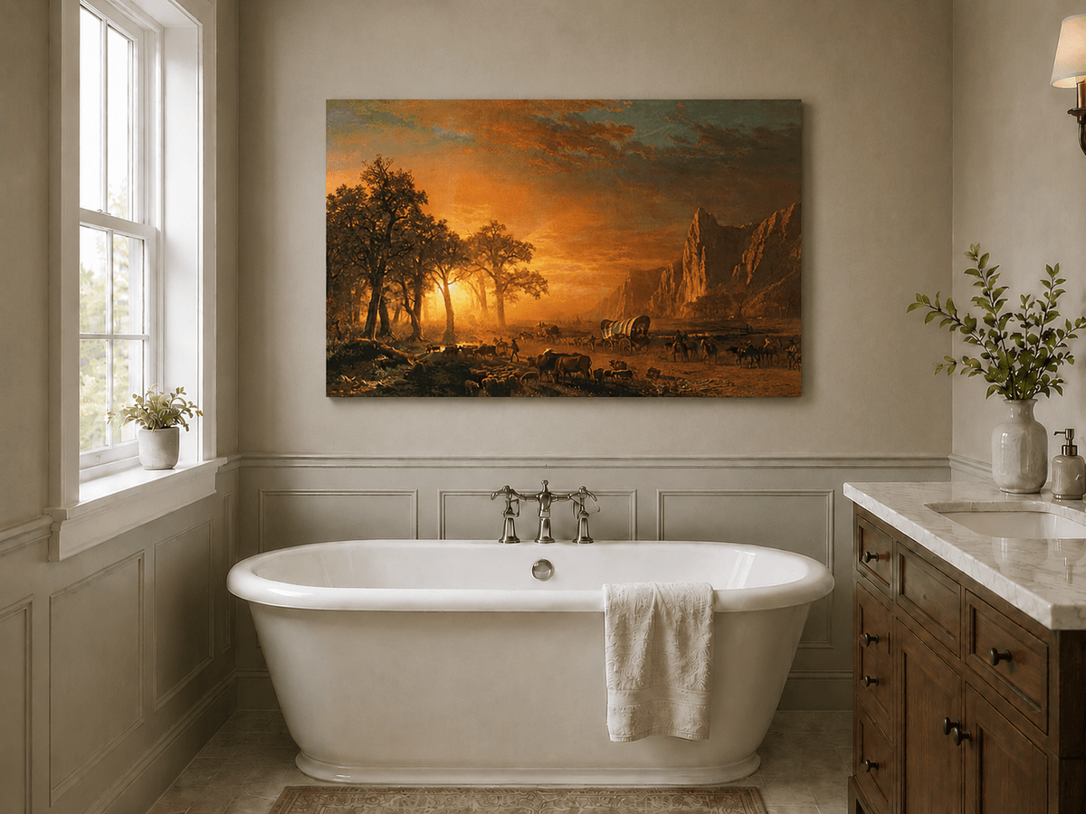 Unframed hand-painted western landscape oil painting with travelers journeying at sunset displayed above a freestanding bathtub.