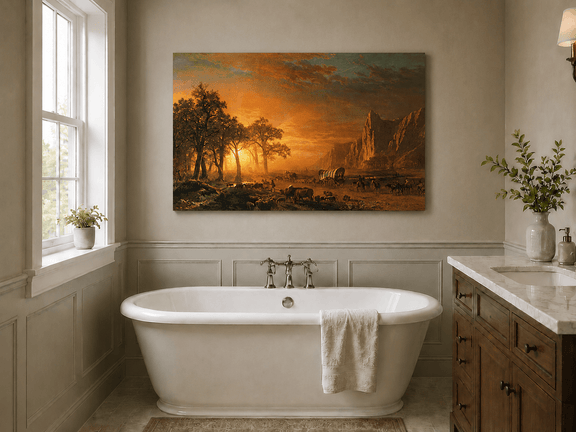 Unframed hand-painted western landscape oil painting with travelers journeying at sunset displayed above a freestanding bathtub.