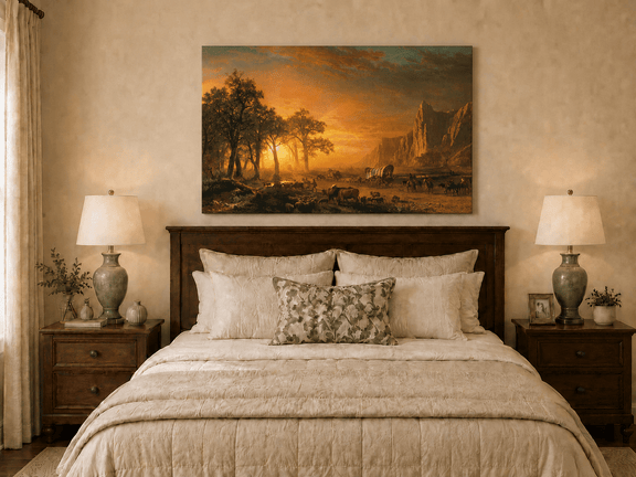 Unframed hand-painted western landscape oil painting with travelers journeying at sunset displayed above a wooden bed in a neutral bedroom.