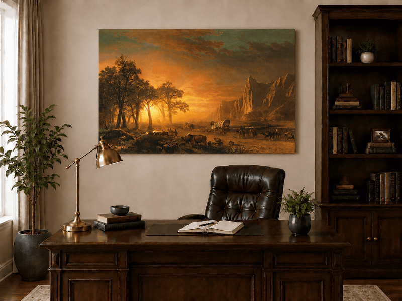 Unframed hand-painted western landscape oil painting with travelers journeying at sunset displayed above a traditional home office desk.