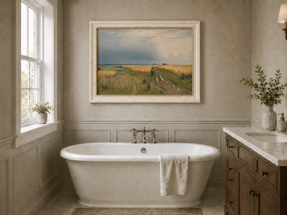 Framed hand-painted wheat field oil painting with a winding path beneath a dramatic sky displayed above a freestanding bathtub.