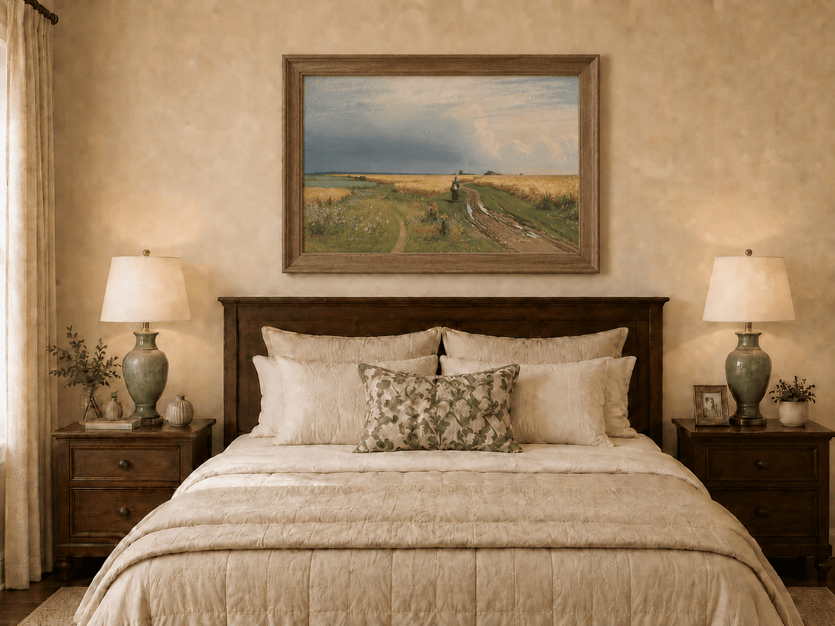 Framed hand-painted wheat field oil painting with a winding path beneath a dramatic sky displayed above a wooden bed in a neutral bedroom.