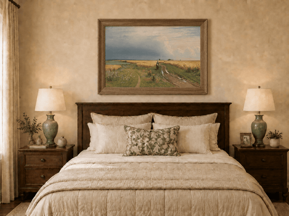 Framed hand-painted wheat field oil painting with a winding path beneath a dramatic sky displayed above a wooden bed in a neutral bedroom.