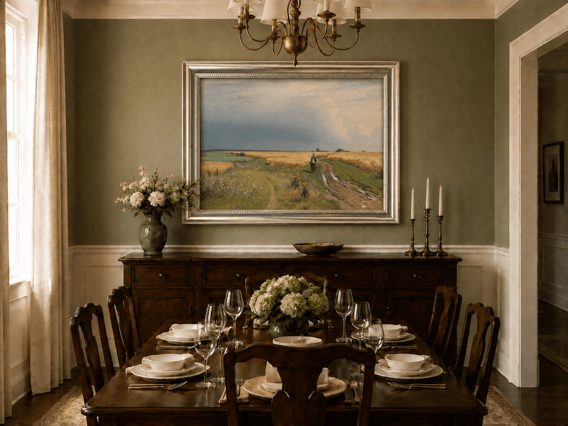 Framed hand-painted wheat field oil painting with a winding path beneath a dramatic sky displayed above a formal dining table.